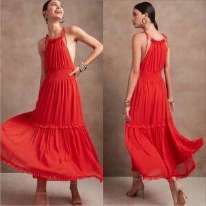 NWT Banana Republic Dress Maxi Red Tiered Ruffle Halter Flowy Smock Tiered Ruffl